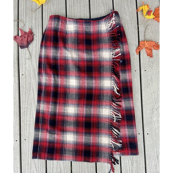 Vintage Talbots Red Plaid Wool Midi Skirt Faux Wrap Fringe Women’s 12 - Picture 12 of 16